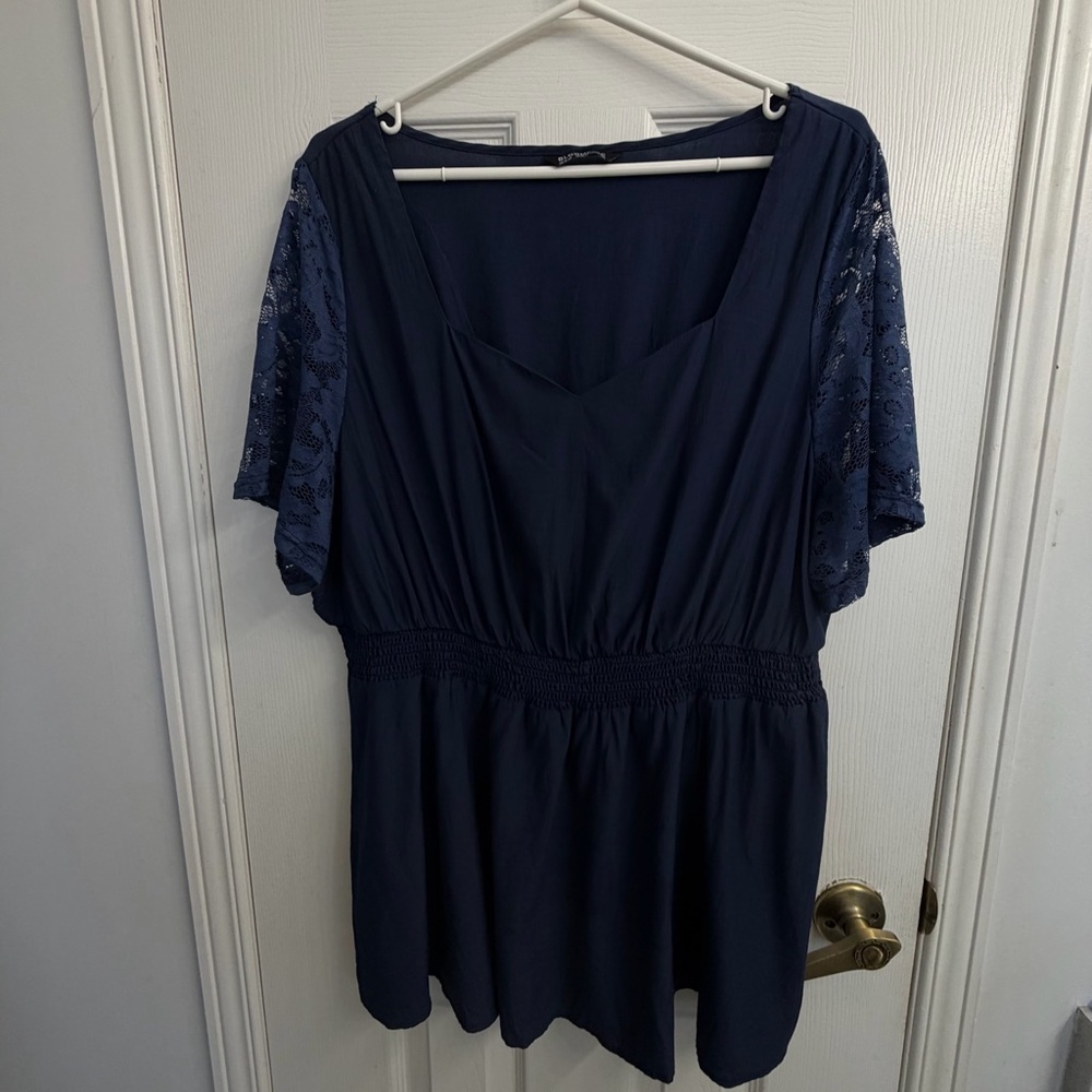 BloomChic Navy Blue Lace Sleeve Blouse Women's Plus Size 18/20 V-Neck Casual Top